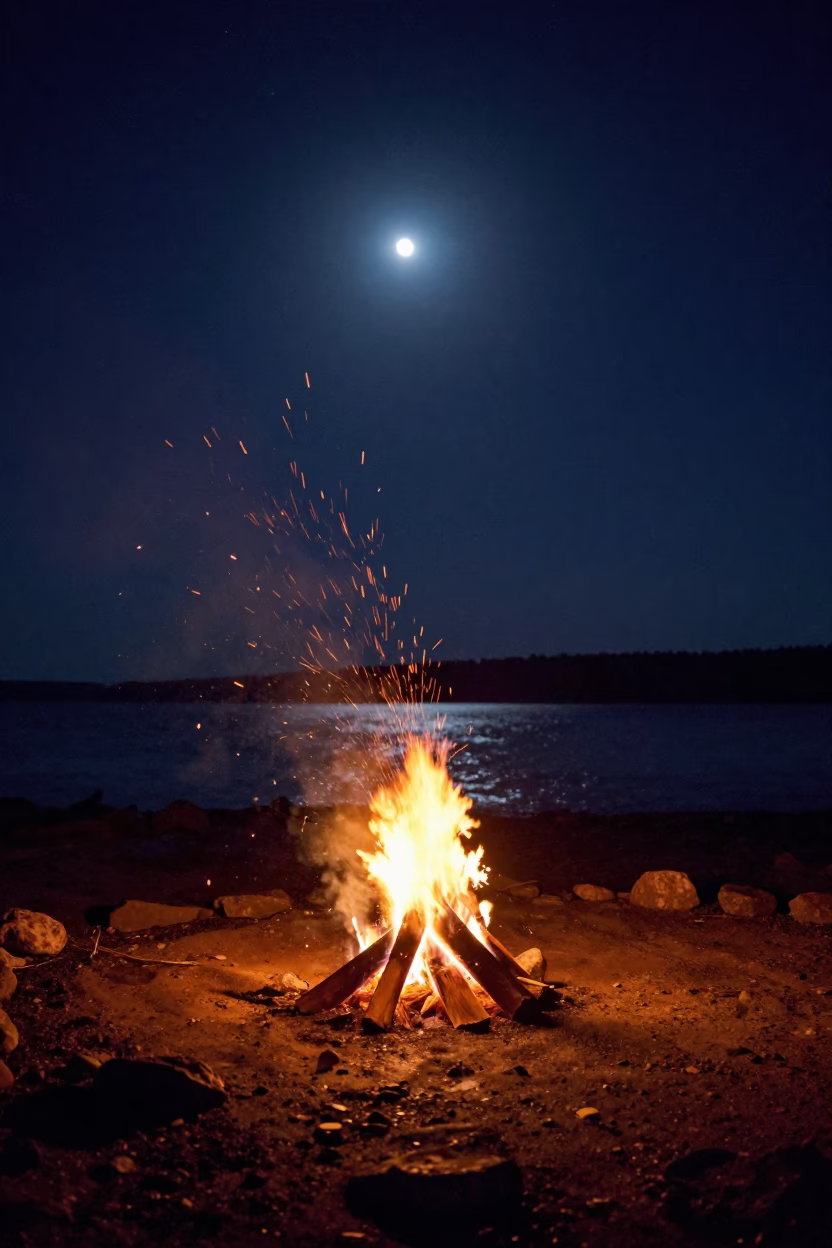 Campfire Sparks Rising Under Virginia Moonlit Stars in from a moonlit breakwater in Virginia