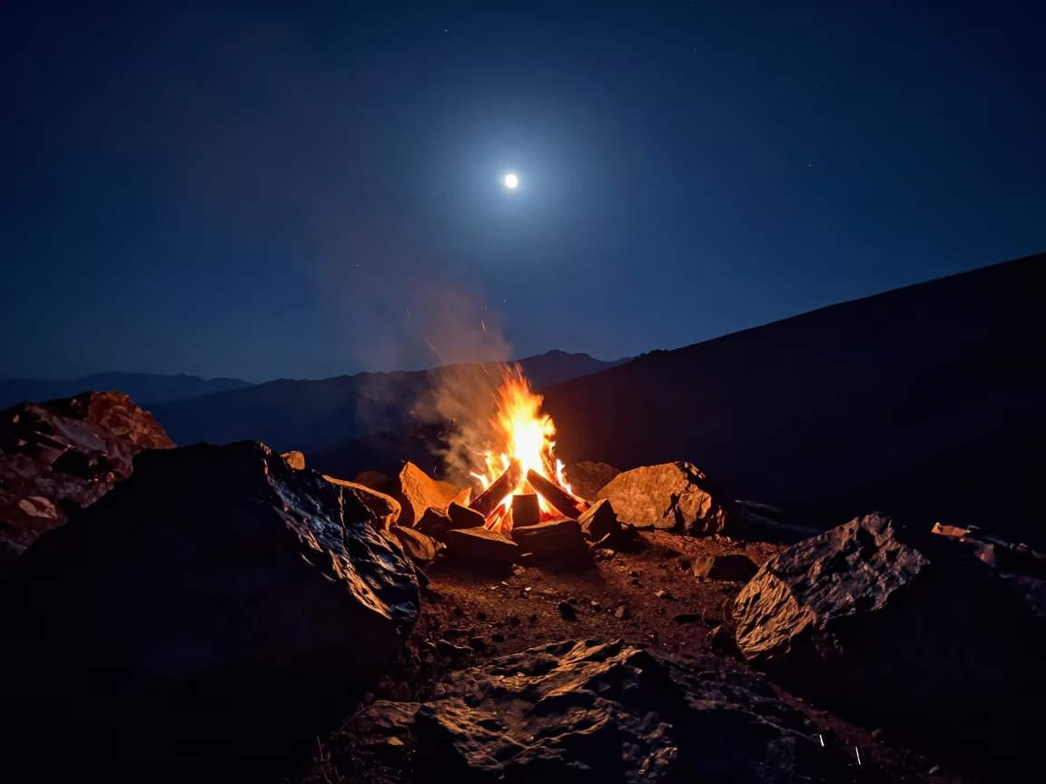 Campfire Under Stars Alpine Saddle India in from a quiet alpine saddle in India