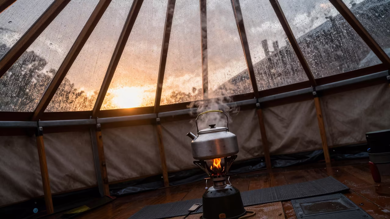 Camping Stove Kettle in East London Yurt at Sunset in inside a glass-roofed arcade in East London