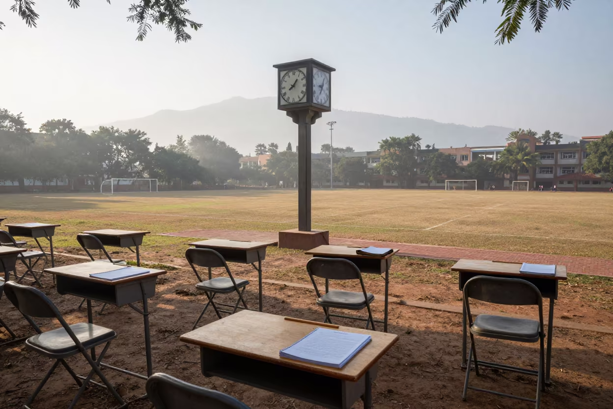 Campus Clock Striking Mist Over Graduation Lawn in on a graduation lawn under folding chairs near Kanpur