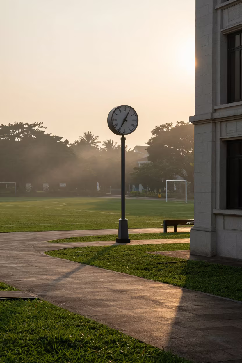 Campus Clock Tower Striking Through Mist Over Football Field in along a schoolyard walkway near Phuket