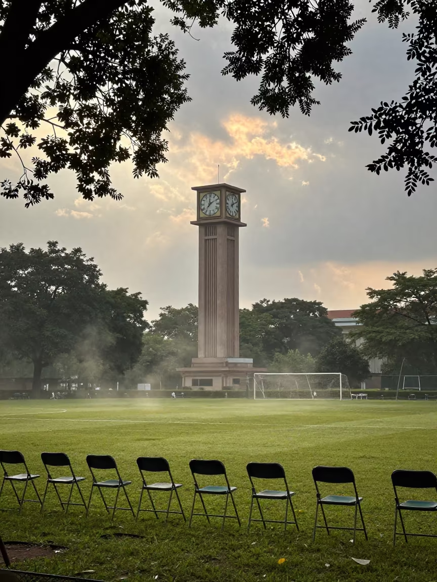 Campus Clock Tower Striking Through Summer Mist in on a graduation lawn under folding chairs near Kanpur