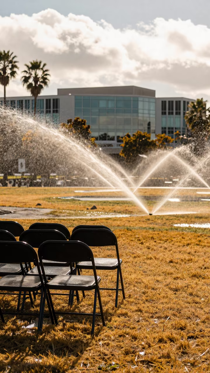 Campus Lawn Sprinklers Before Graduation Setup in on a graduation lawn under folding chairs in Los Angeles