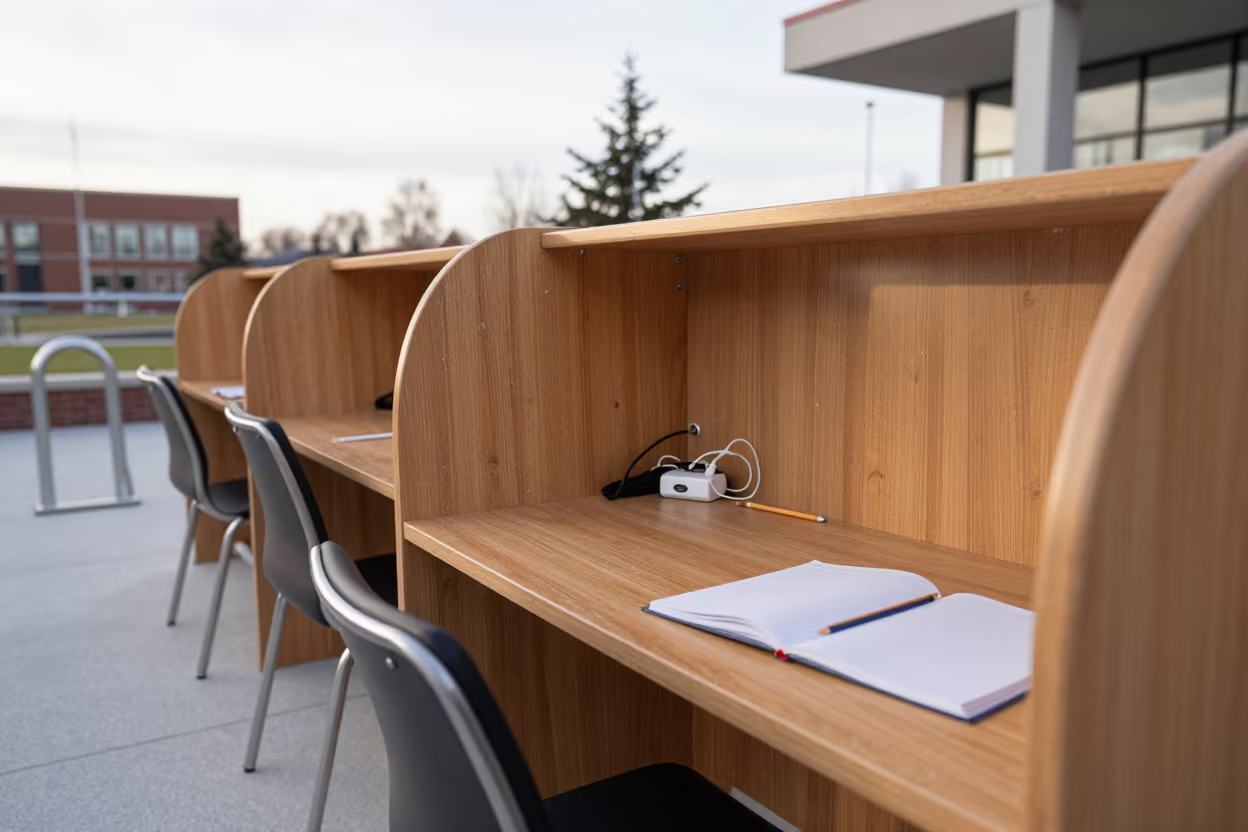 Campus Library Carrel in Winter Afternoon Light in beside campus bike racks at dawn near Kharkiv