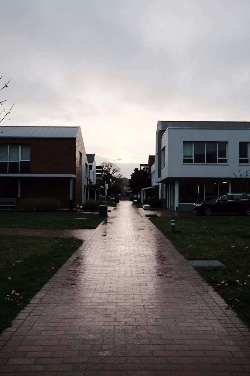 Campus Pathway in Christchurch at As First Light Reaches The Scene in in Christchurch, New Zealand
