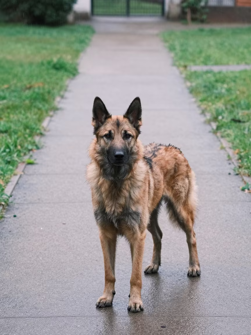 Canaan Dog on Daura Park Path in Rain in in a small yard with clipped grass, calm light, and the animal centered in frame in Daura