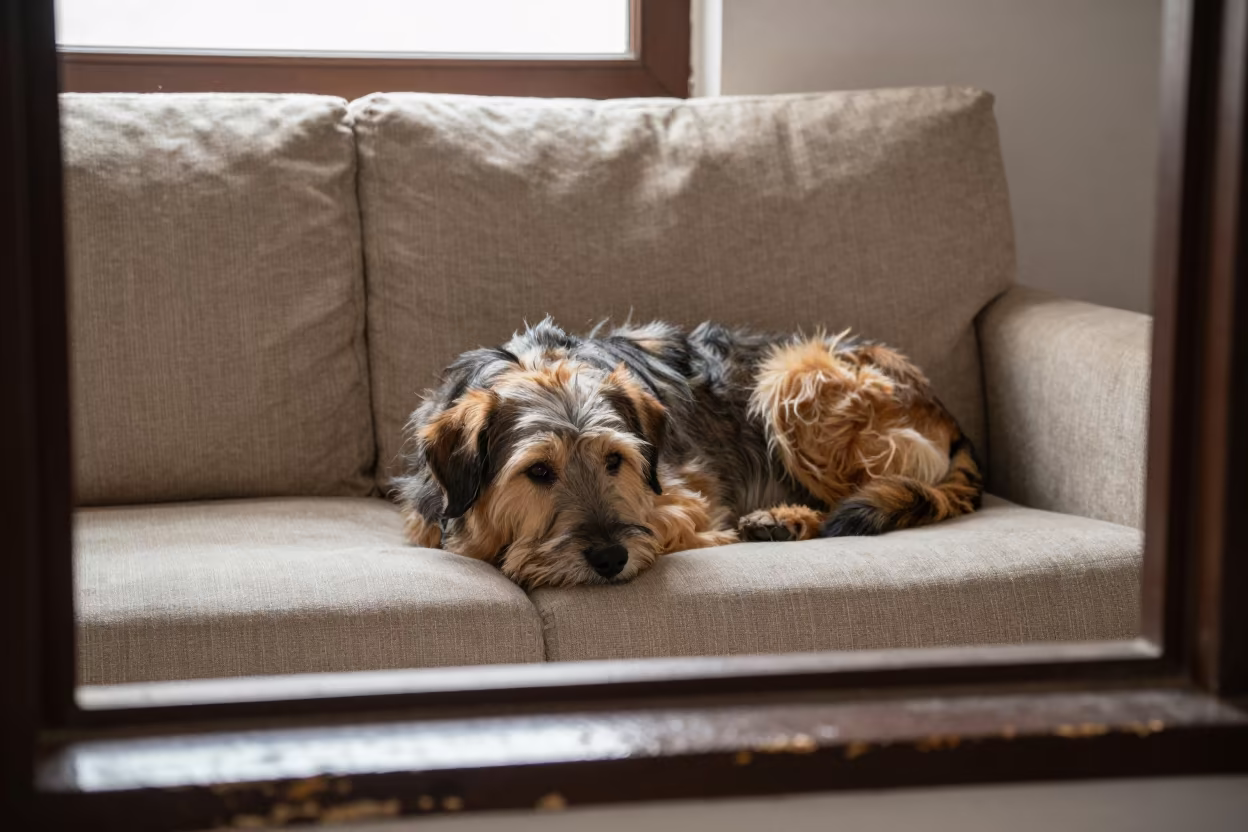 Canaan Dog on Linen Sofa in Rabat Afternoon Light in on a linen sofa with daylight from a nearby window in Rabat