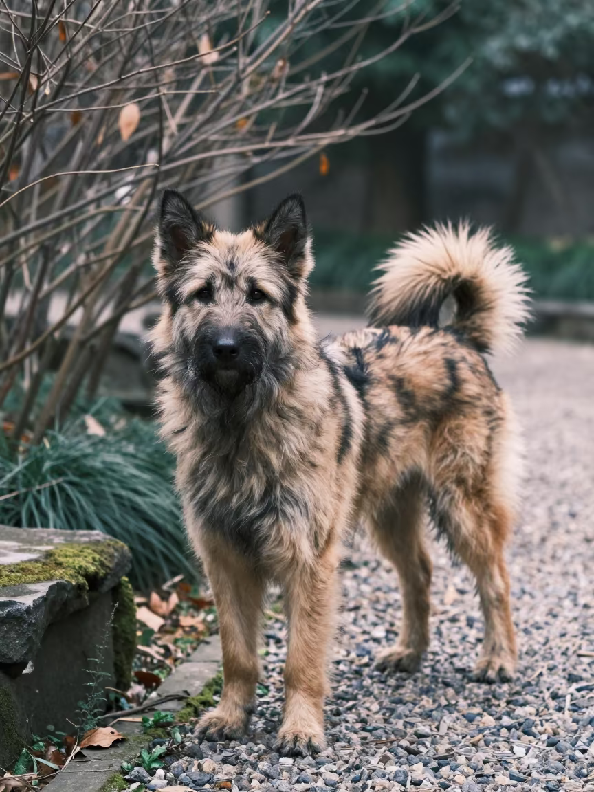 Canaan Dog on Quiet Park Path Near Chongqing in near a garden edge with soft morning light and an uncluttered background near Chongqing