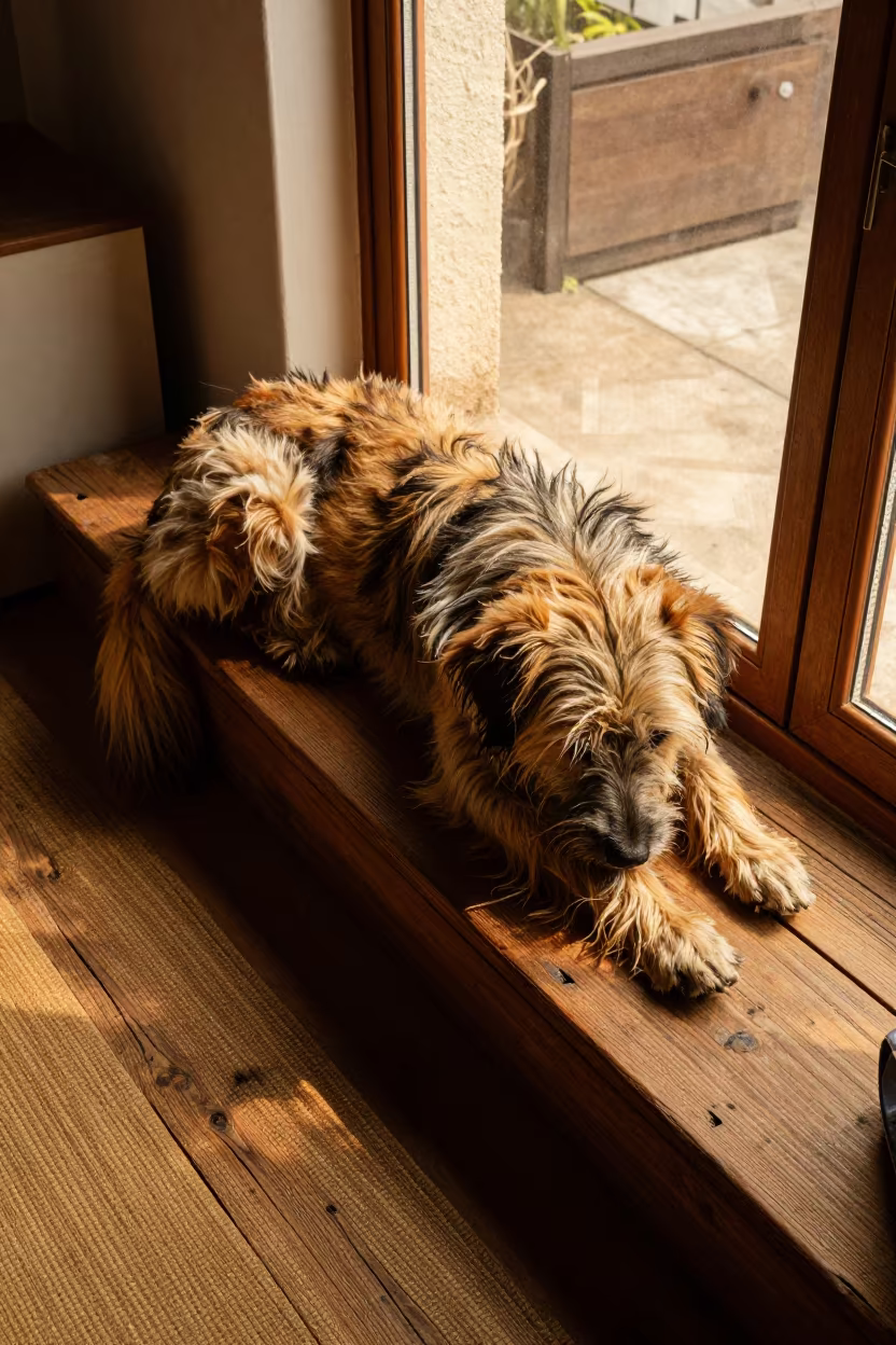 Canaan Dog on Window Seat in Luanda in on a window seat in a quiet apartment with soft side light in Luanda