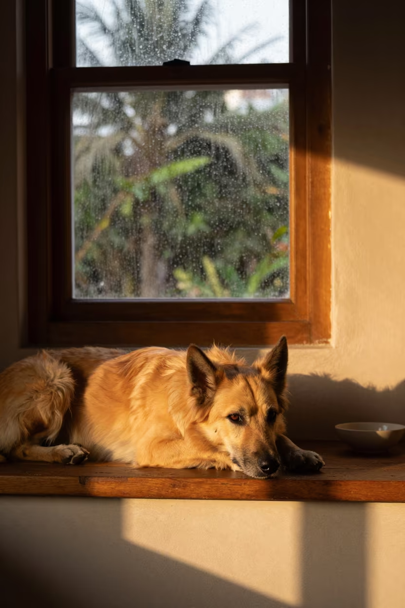 Canaan Dog on Window Seat Lagos Evening in on a window seat in a quiet apartment with soft side light near Lagos
