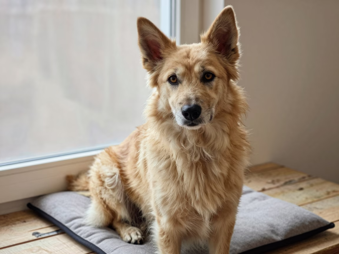 Canaan Dog Portrait on Cushioned Window Seat Adama in on a cushioned window seat with soft side light and an uncluttered background in Adama