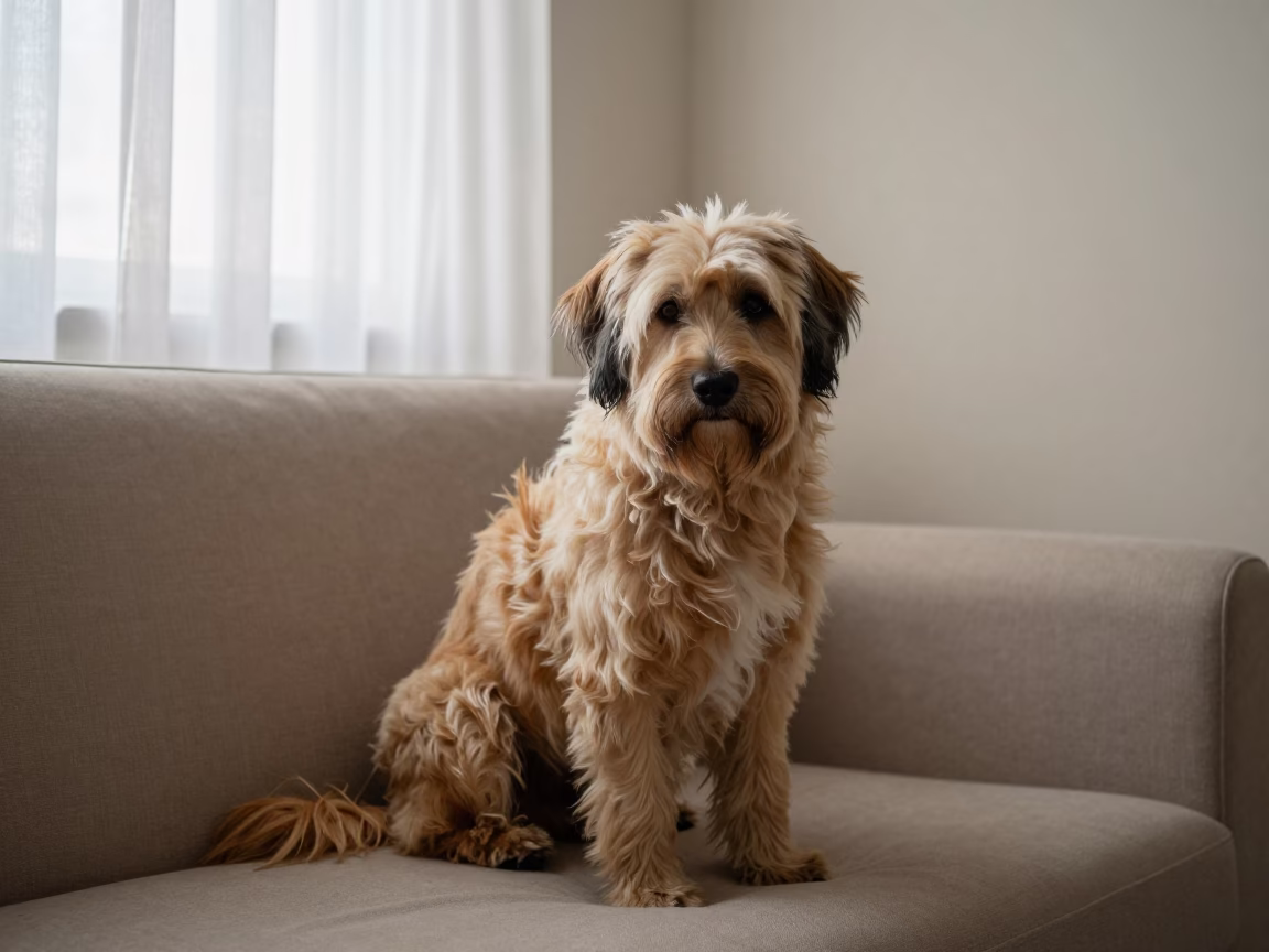 Canaan Dog Portrait on Sofa in Veracruz Home in on a sofa near a curtained window with calm indoor light in Veracruz