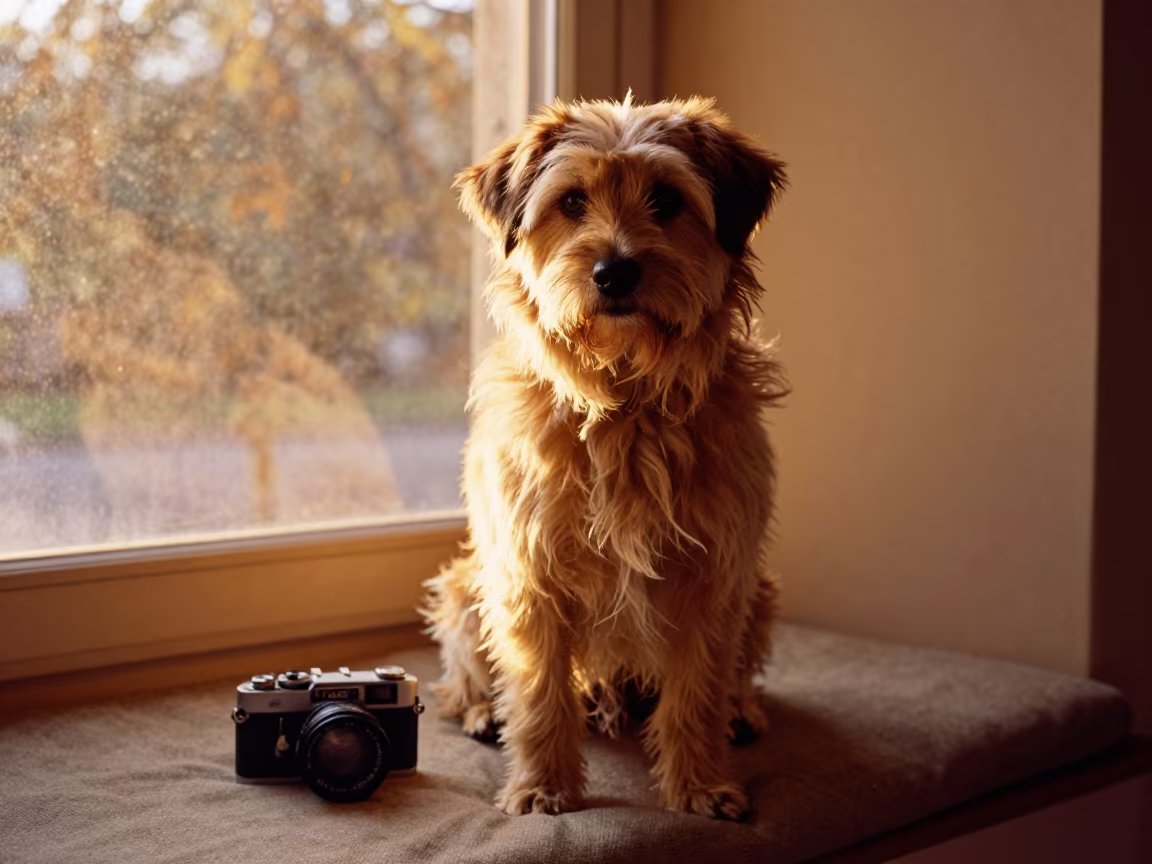 Canaan Dog Portrait on Window Seat in Torreón in on a cushioned window seat with soft side light and an uncluttered background in Torreón