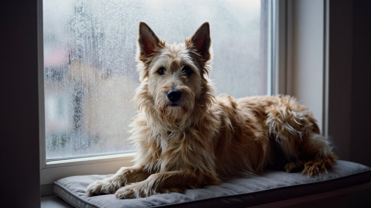 Canaan Dog Portrait on Window Seat in on a cushioned window seat with soft side light and an uncluttered background in Daska