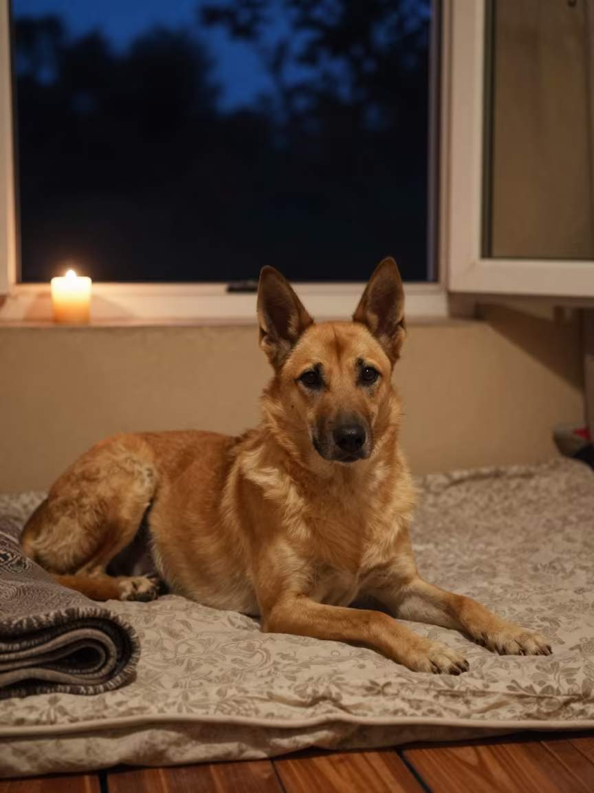Canaan Dog Resting on Bedspread by Window in on a bedspread near a bright window with calm indoor light near Moradabad