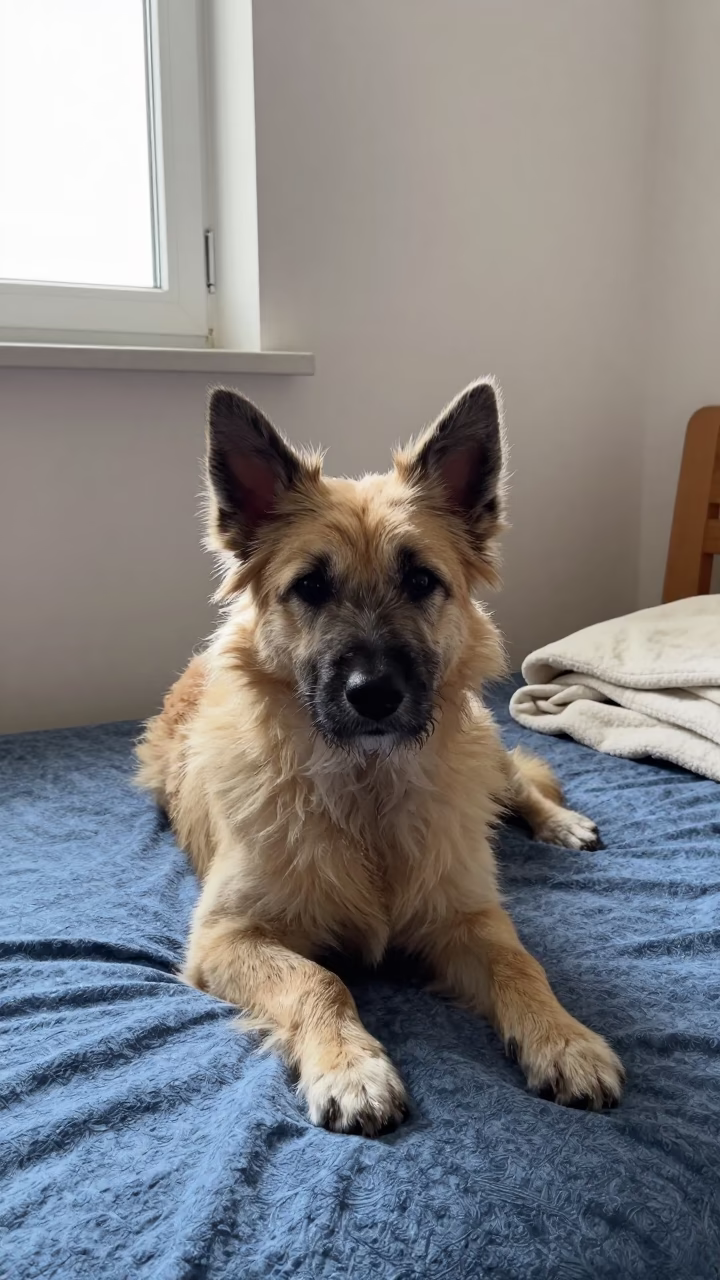 Canaan Dog Resting on Bedspread Near Window in on a bedspread near a bright window with calm indoor light in Changchun