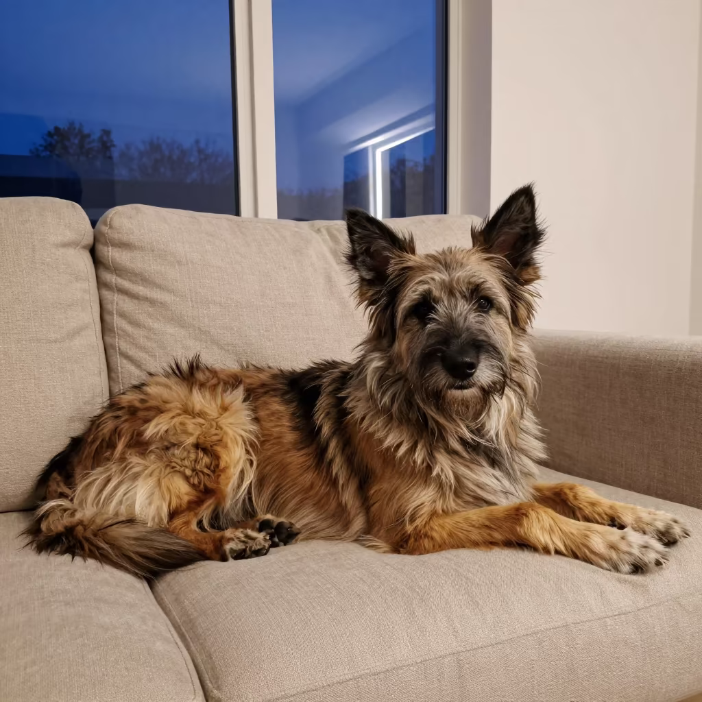 Canaan Dog Resting on Linen Sofa in Danané in on a linen sofa with daylight from a nearby window in Danané