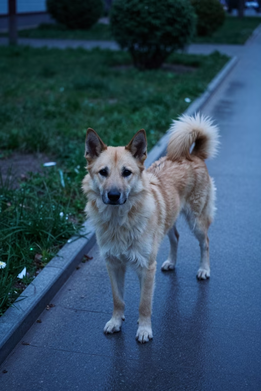 Canaan Dog Standing on Quiet Park Path Twilight in near a garden edge with soft morning light and an uncluttered background near Pyongyang
