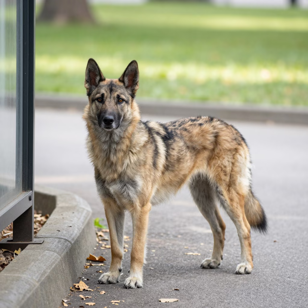 Canaan Dog Strolling Quiet Park Path in Vientiane in along a quiet park path with soft open shade and a clean background in Vientiane