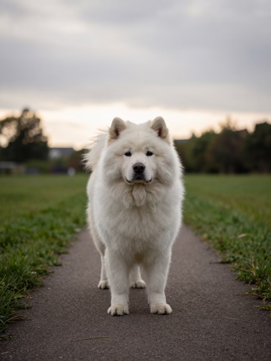 Canadian Eskimo Dog on Fort-de-France Path in in a small yard with clipped grass, calm light, and the animal centered in frame in Fort-de-France