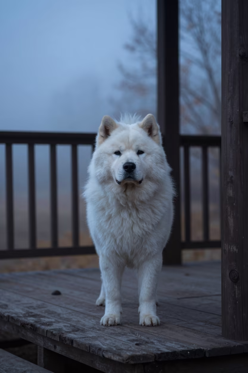 Canadian Eskimo Dog on Shaded Porch in Shahrisabz in on a shaded front porch with boards, railings, and eye-level framing near Shahrisabz