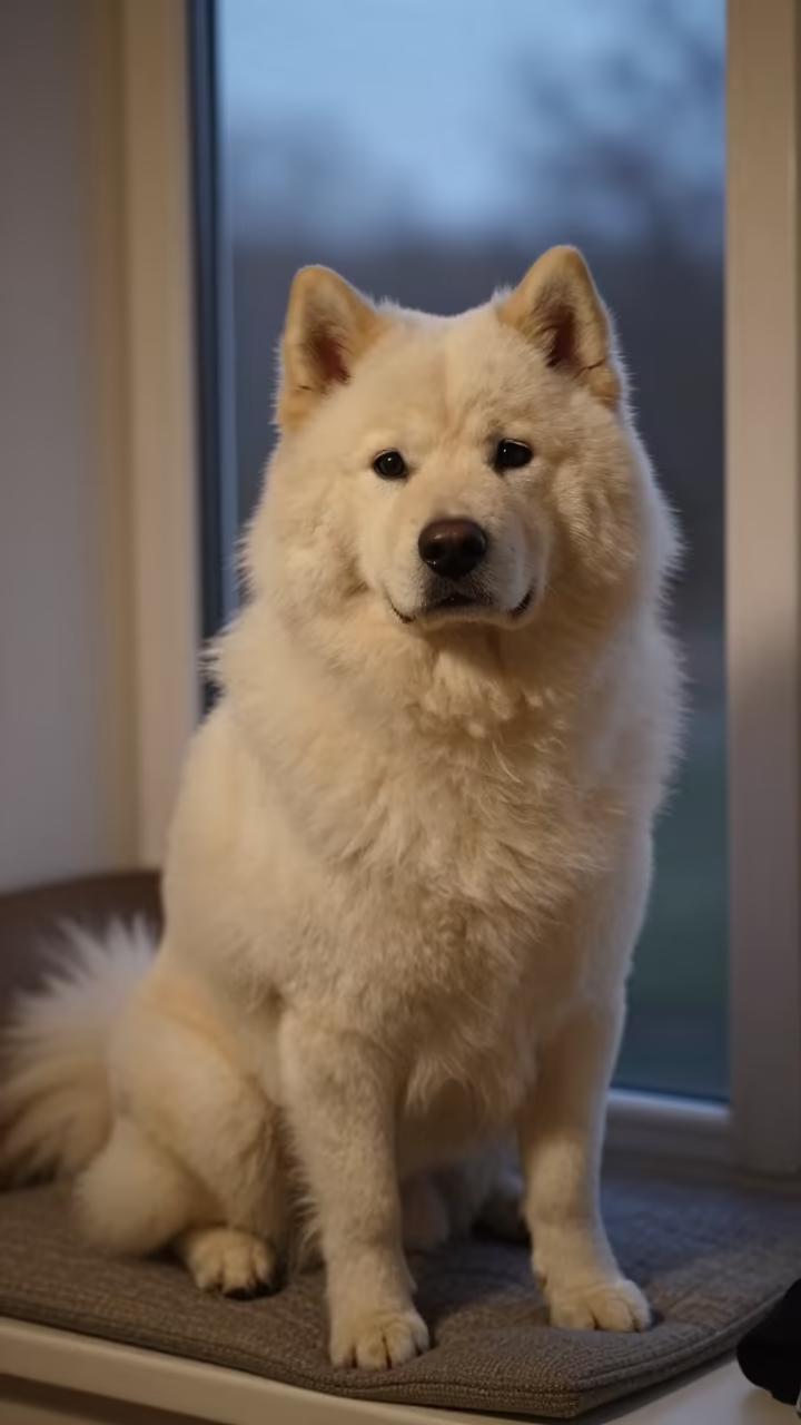 Canadian Eskimo Dog Portrait in Arua Window Light in on a cushioned window seat with soft side light and an uncluttered background in Arua