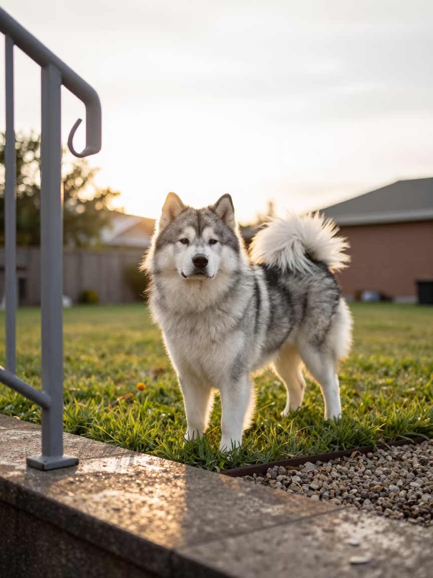 Canadian Eskimo Dog Portrait in Duékoué Yard in in a small yard with clipped grass, calm light, and the animal centered in frame in Duékoué