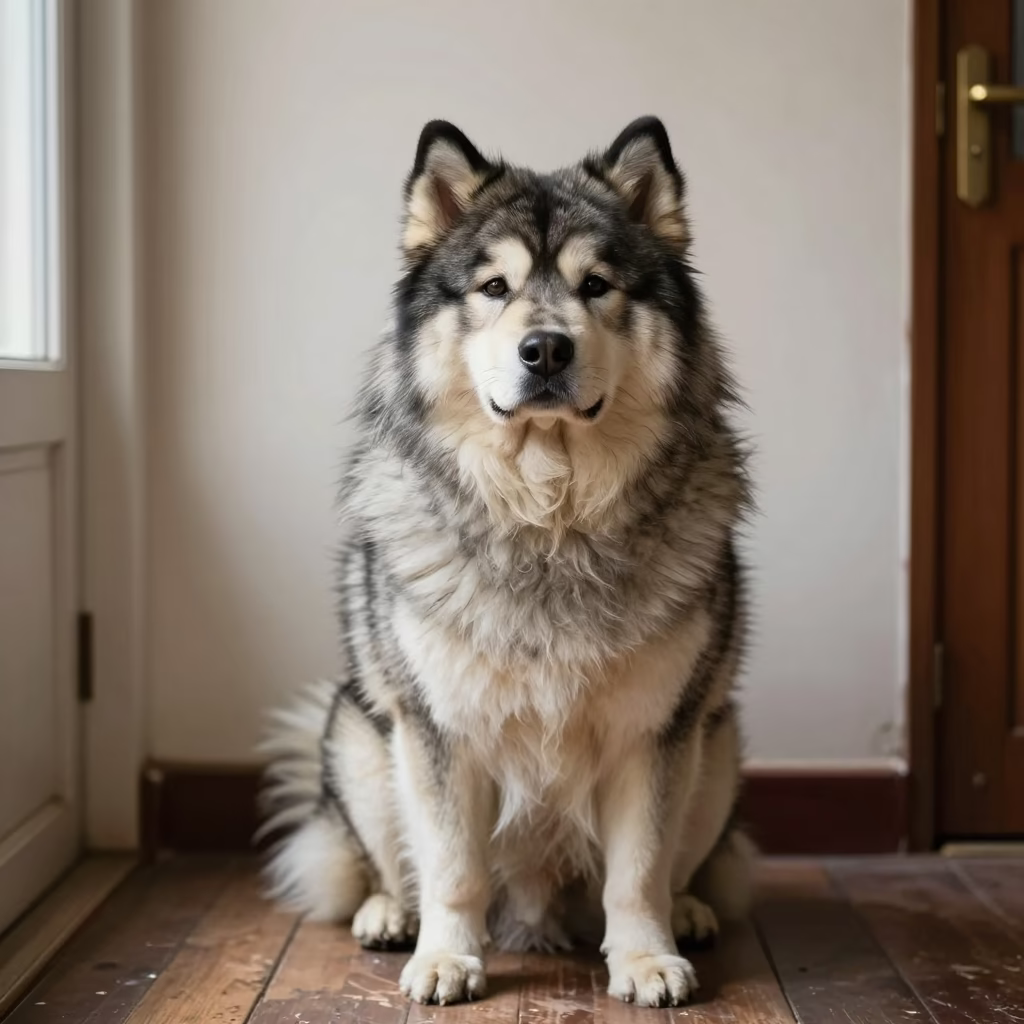 Canadian Eskimo Dog Portrait in Ludhiana Room in beside a plain plaster wall in soft indoor light with the animal centered in frame in Ludhiana