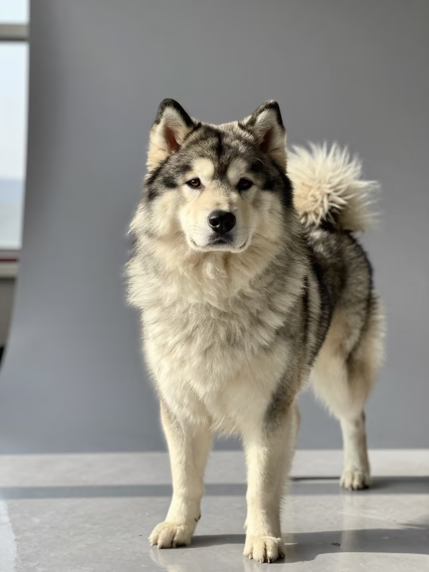 Canadian Eskimo Dog Portrait in Merca Studio in in a quiet portrait studio with a plain backdrop and eye-level framing in Merca