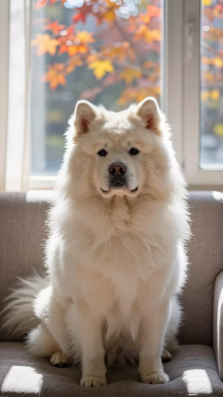Canadian Eskimo Dog Portrait Near Window in on a sofa near a curtained window with calm indoor light near Xian