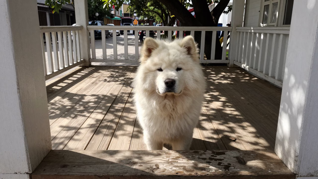 Canadian Eskimo Dog Portrait on Kunming Porch in on a shaded front porch with boards, railings, and eye-level framing near Kunming