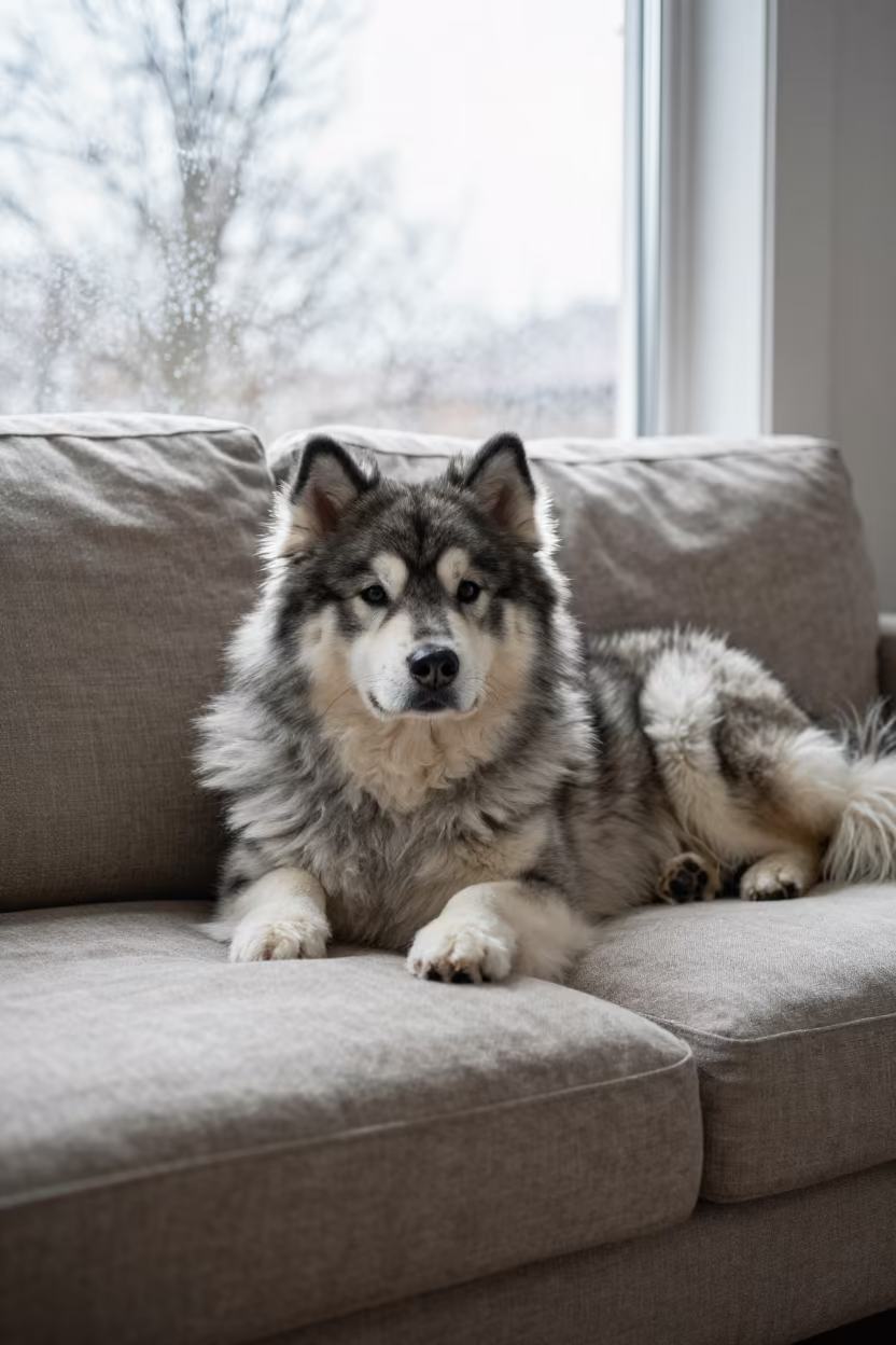 Canadian Eskimo Dog Resting on Linen Sofa in on a linen sofa with daylight from a nearby window near Nazareth