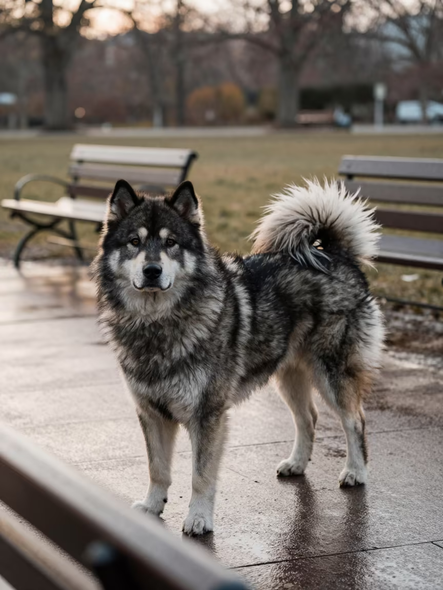 Canadian Eskimo Dog Winter Sunset Park Ahvaz in along a quiet park path with soft open shade and a clean background near Ahvaz