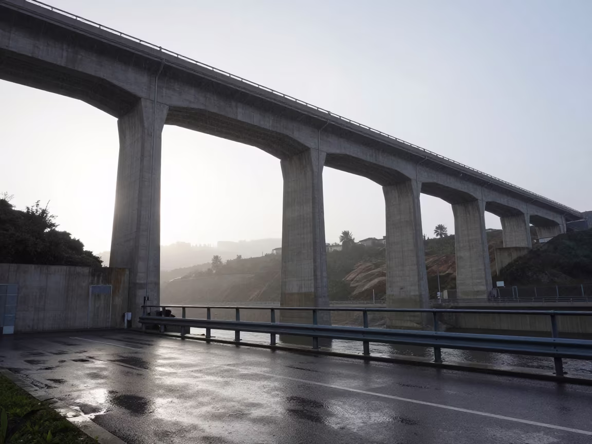 Canal Aqueduct Over Barcelona Overpass at Dawn in across a windy overpass interchange near Barcelona