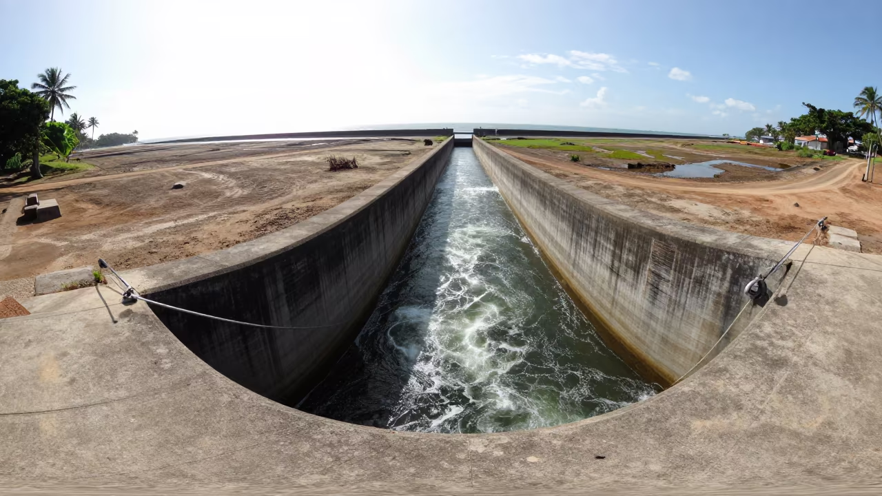 Canal Aqueduct Carrying Water Across Dry Land in beside a storm surge barrier near Salvador