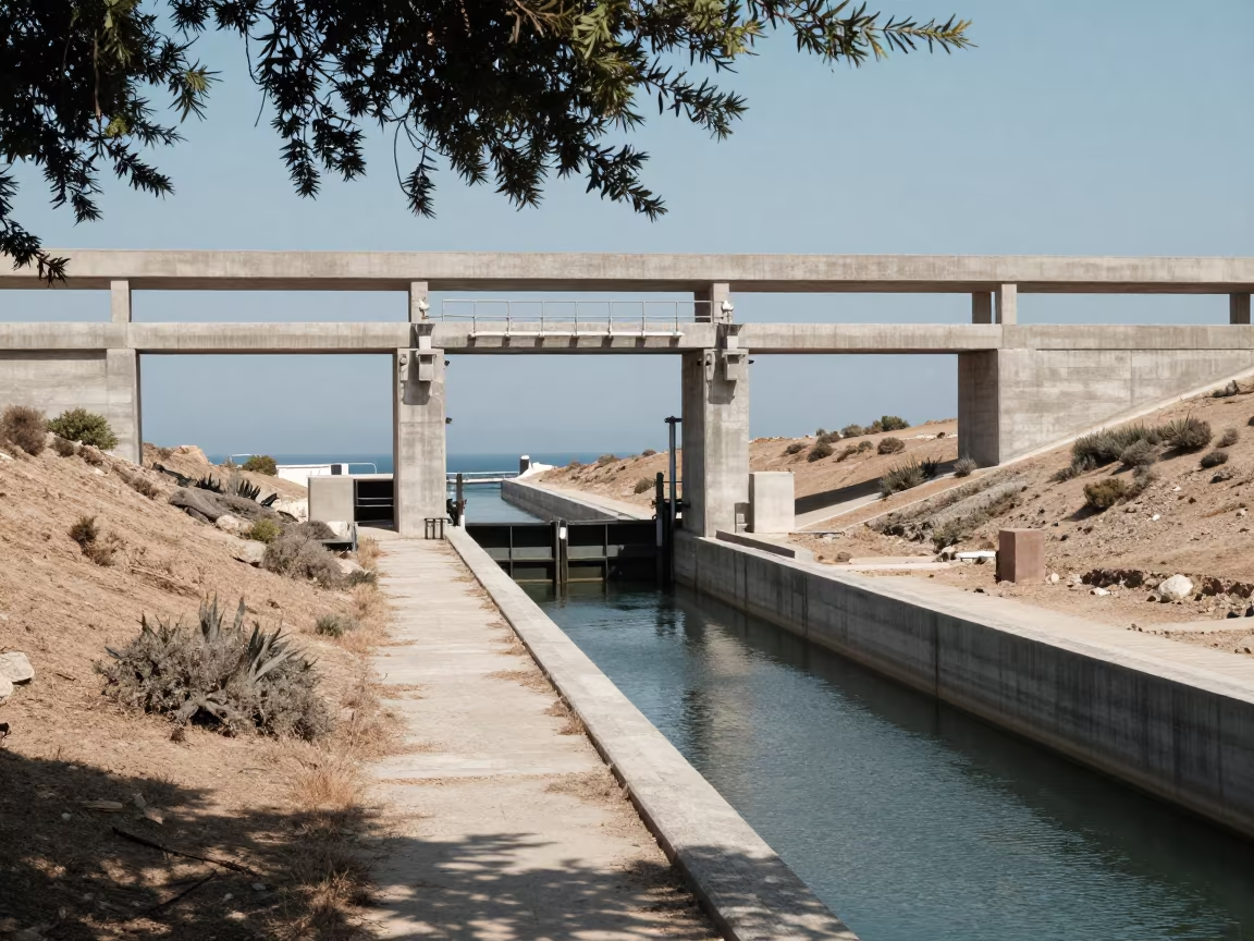 Canal Aqueduct Water Crossing Dry Greek Land in at a canal lock chamber in Greece