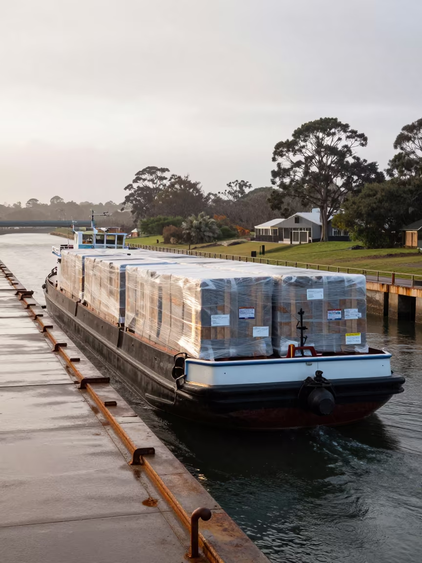 Canal Barge Cargo Dawn Australia Switchback in along a switchback approach in Australia