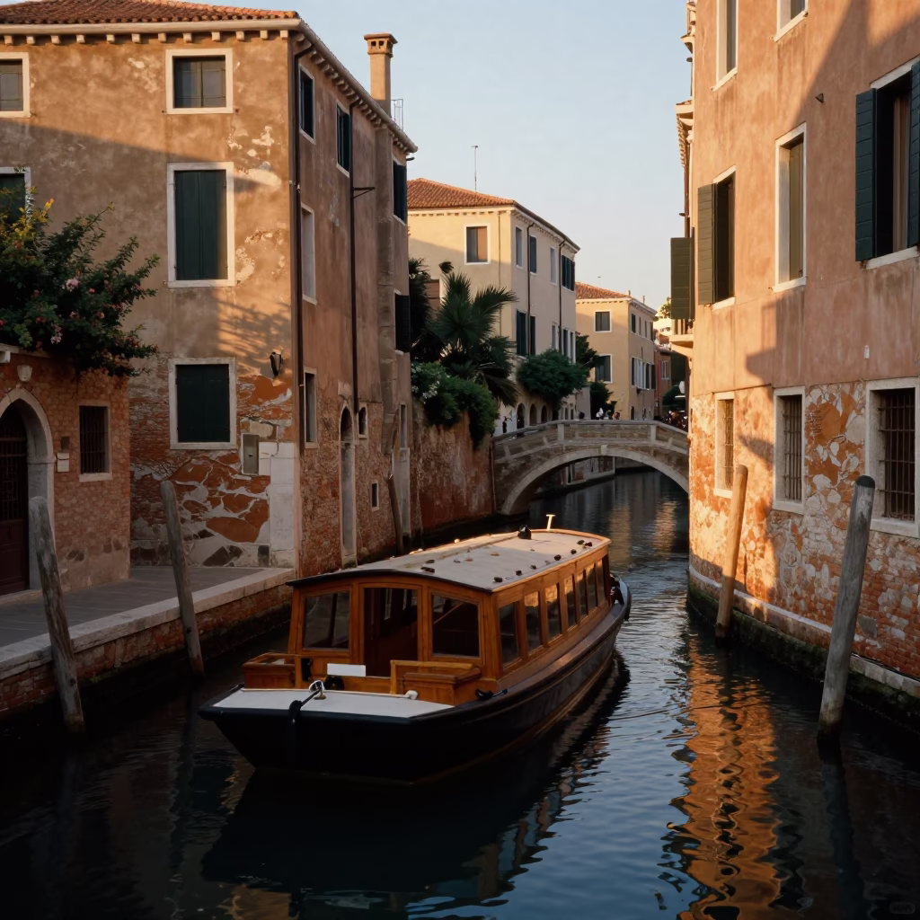 Canal Barge in Naples at Honeyed Evening Light in in Naples, Italy