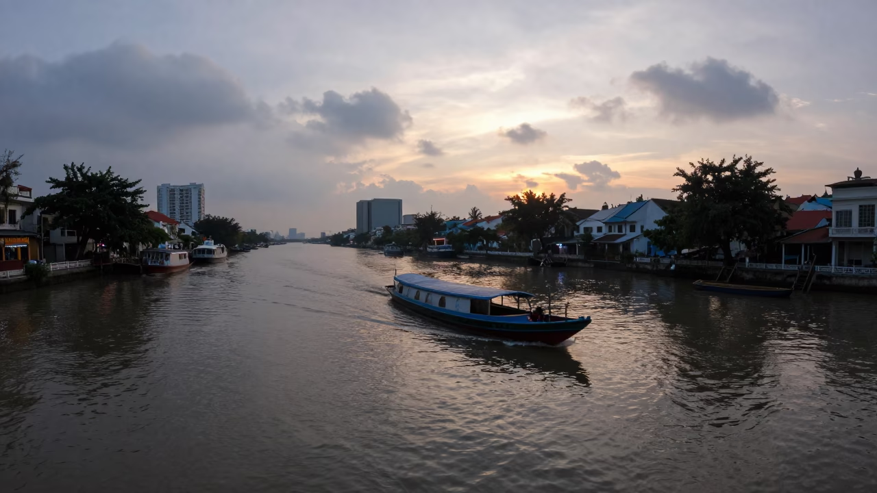 Canal Boat at Nautical Dawn Light in Ho Chi Minh City in in Ho Chi Minh City, Vietnam