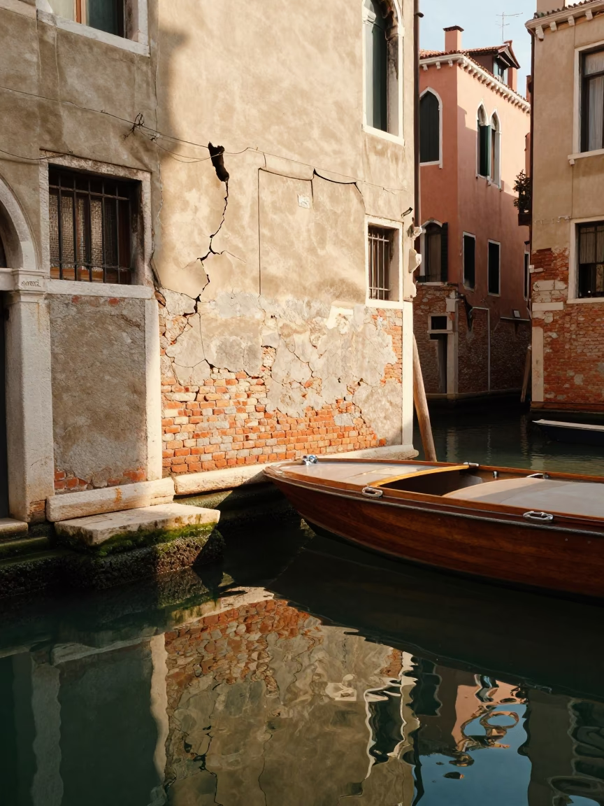 Canal Boat in Venice at Late Afternoon Light in in Venice, Italy