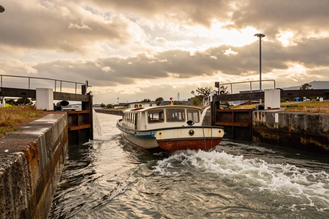 Canal Boat Navigates Lock in Golden Japan Evening in on a wind-open causeway in Japan