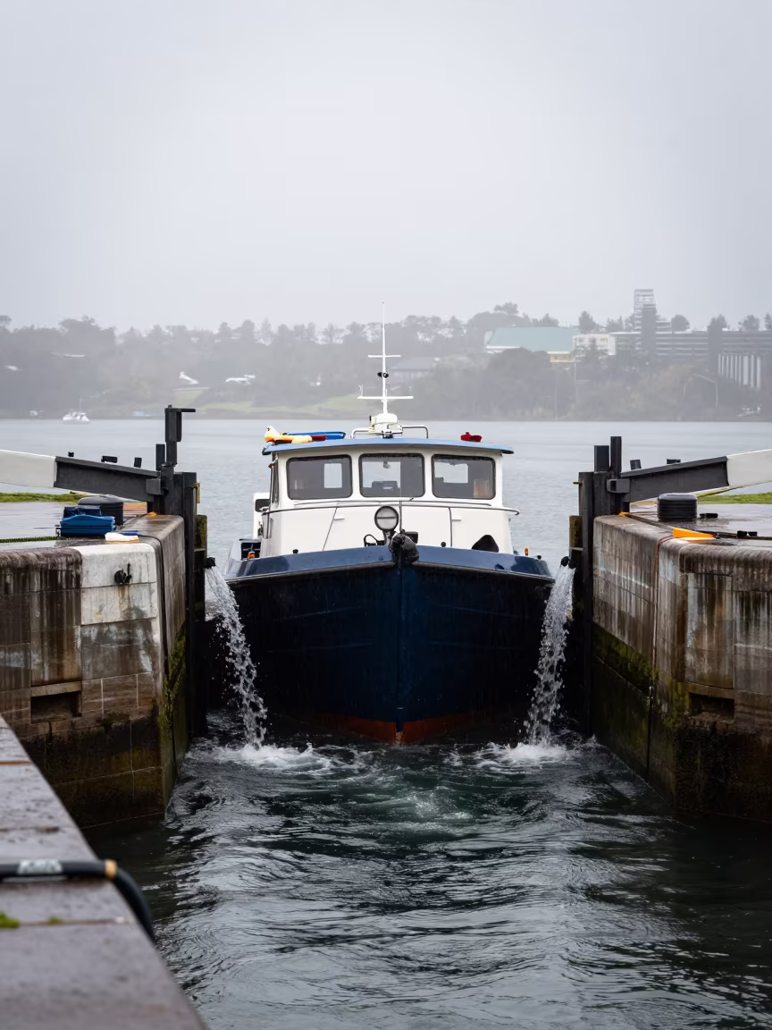 Canal Boat Passing Through Lock at Dawn in on a wind-open causeway near Sydney