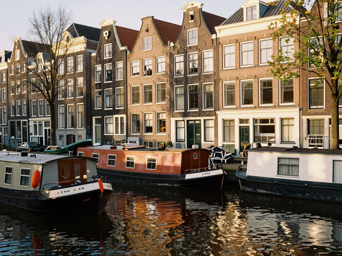 Canal Boats in Amsterdam at Late Afternoon Light in in Amsterdam, Netherlands