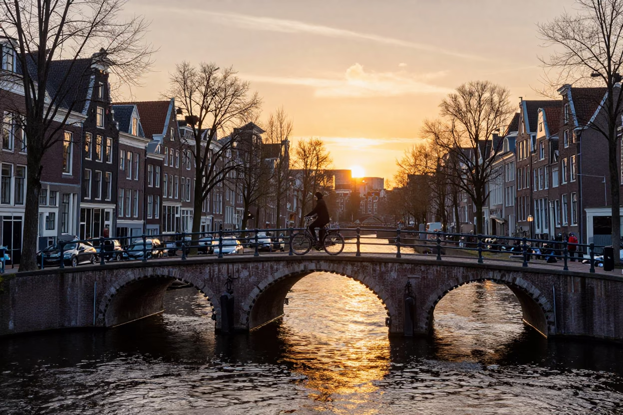Canal Bridge in Amsterdam at As The Sun Drops Toward The Horizon in in Amsterdam, Netherlands