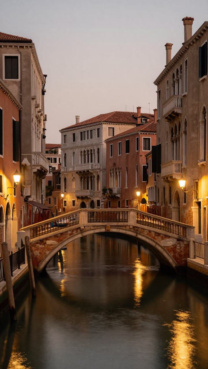 Canal Bridge in Venice at As City Lights Begin To Glow in in Venice, Italy