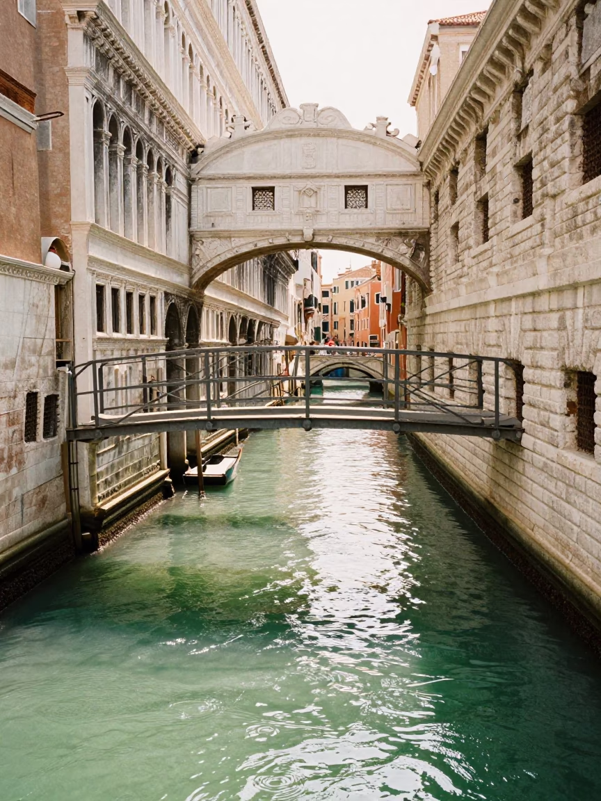 Canal Bridge in Venice at Bright Midmorning Light in in Venice, Italy