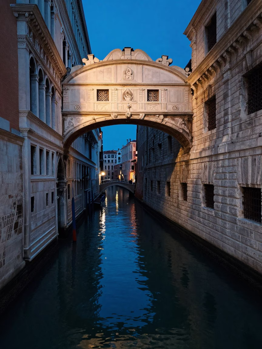 Canal Bridge in Venice at The Last Blue Light Of Evening in in Venice, Italy