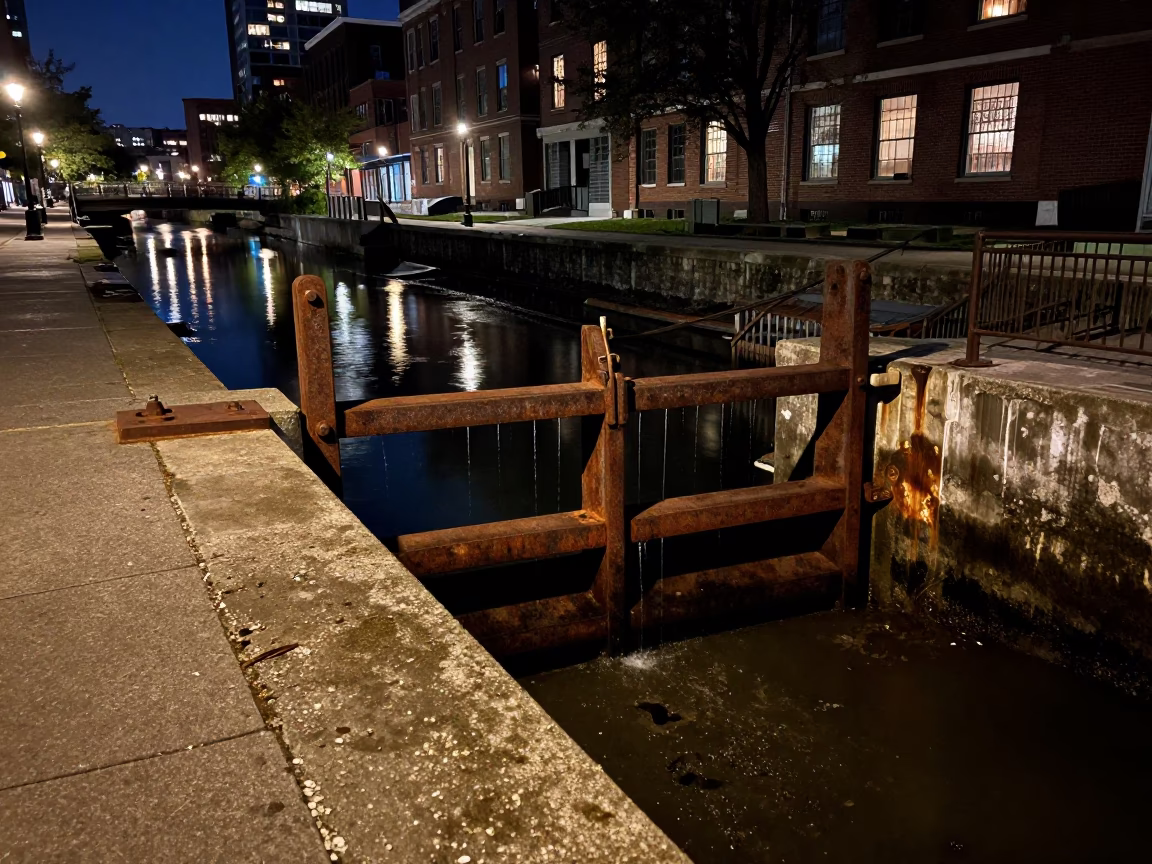 Canal Edge in Boston at Midnight Light in in Boston, Massachusetts, United States