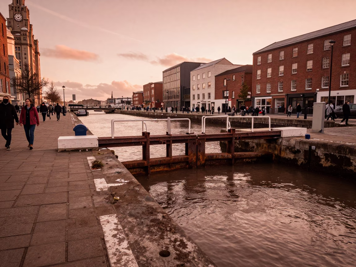 Canal Edge in Liverpool at Copper-toned Light Before Dusk in in Liverpool, United Kingdom
