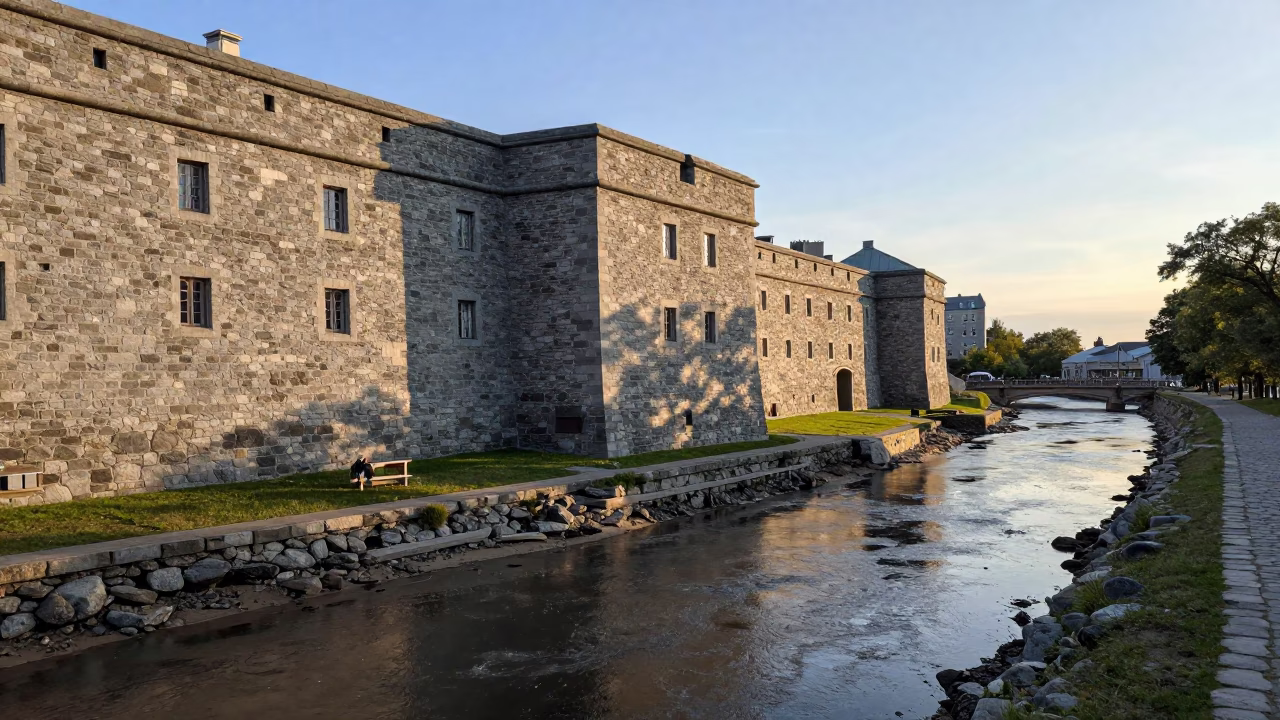 Canal Edge in Quebec City at As First Light Reaches The Scene in in Quebec City, Quebec, Canada
